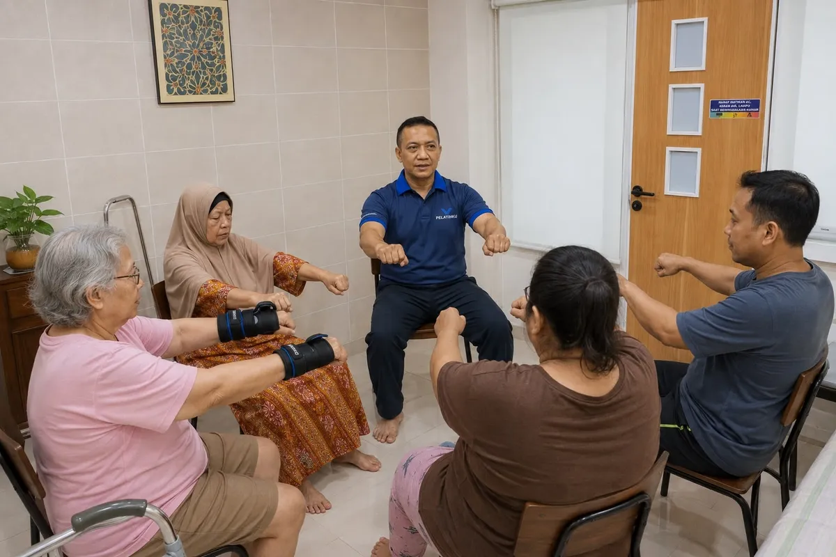 Sekelompok karyawan berlatih di area terbuka dekat kantor
